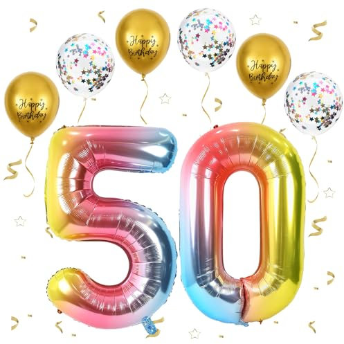 Gradientenregenbogen Luftballon 50, XXL Riesige Geburtstag Ballon 50, 40 - 101cm Ballon Zahl Deko Folienballon Zahlen 0 & 5, Geburtstagsdeko Jubiläum Party Deko, Fliegt mit Helium (Nummer 50)