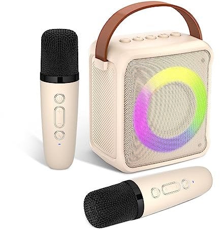 Ankuka Karaoke-Spielzeug für Kinder & Erwachsene mit 2 Mikrofonen, tragbare Karaoke-Maschine mit LED-Licht und Sprachveränderungseffekten, Geschenke für Alter 3-18 Kinder, Jungen, Mädchen,(Beige)