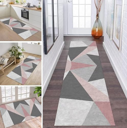 ZDYHMrj Teppich Läufer Flur Küche rutschfest waschbar Teppichläufer Lang Grau Rosa 60X200CM Modern Design Meterware Korridor Tepiche Esszimmer Schlafzimmer Wohnzimmer Schmutzfangmatte Küchenteppich