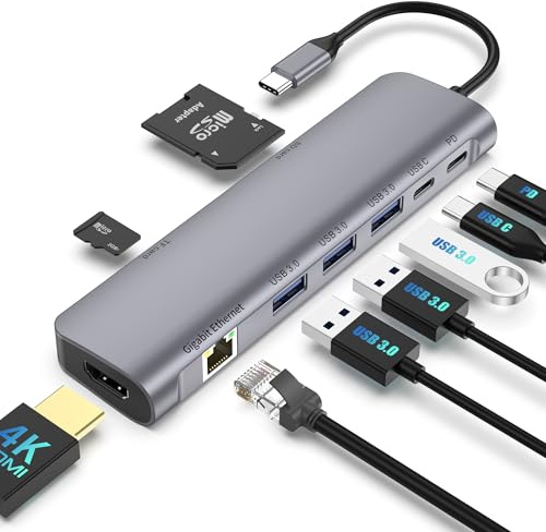 9 in 1USB C HUB mit 4K HDMI, 100W PD, USB C Port, USB 3.0, RJ45 Ethernet, SD/TF Kartenleser, Dockingstation kompatibel mit MacBook Pro/MacBook Air, XPS, Chromebook und weiteren Typ-C-Geräten