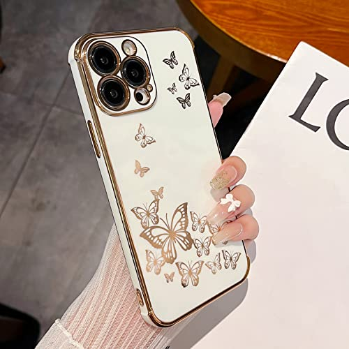 ZTOFERA Case for iPhone 15 Pro Max, Plating Butterfly Pattern Case with Electroplate Golden Edging, Flexible TPU Protective Shockproof Bumper Cover for iPhone 15 Pro Max 6.7 - White