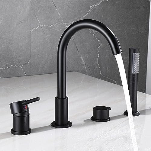 4-Loch Wannenrandarmatur Wannenkombination Wannenarmatur Kalt Und Kalt Multifunktions Wasserhahn Badewanne Armatur Badewannenarmatur Mit Ausziehbarem Handbrause,Schwarz
