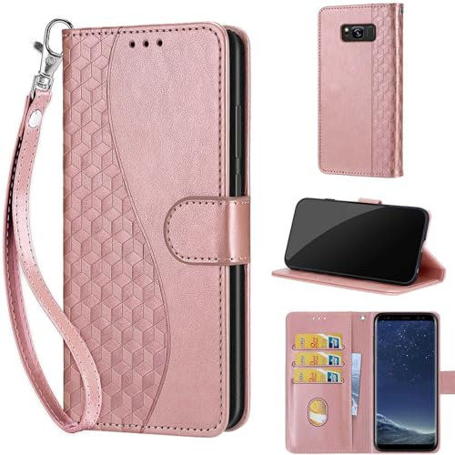 Phone Case for Samsung Galaxy S8 Case, with Card Slots Kickstand Magnetic Closure Premium PU Leather Wallet Flip Case compatible Samsung Galaxy S8 Cube-Rose Gold