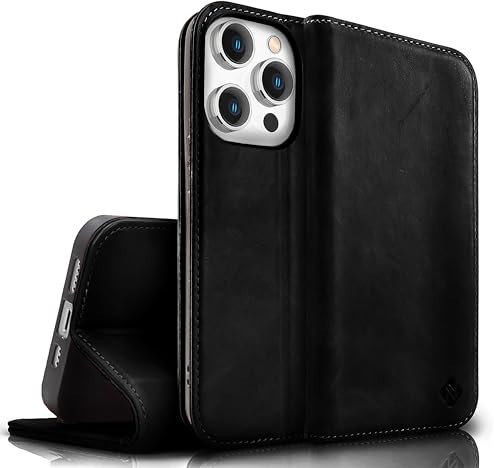 NALIA Echt-Leder Flipcase kompatibel mit iPhone 15 Pro Hülle, Rindsleder Schutzhülle Handgefertigt Lederhülle RFID-Schutz, Standfunktion Kartenfächer Klappbar, Klapphülle, Farbe:Schwarz