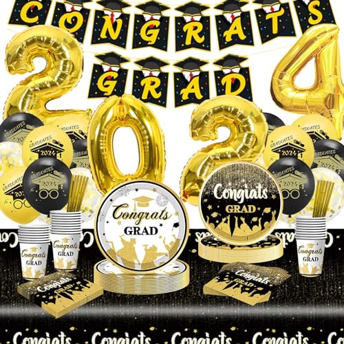 Blisscok Graduation Party Tableware - Black & Gold Graduation Plates, Cups & Napkins Set with Congratulations Banner & Balloons