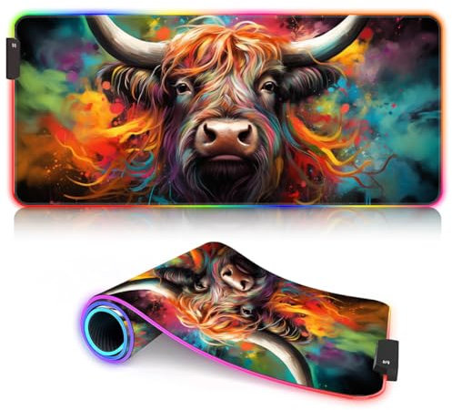 XL Mouse Mat Desk Mat Charcoal Highland Cow RGB Gaming Mousepad XL (31.5 x 11.8 x 0.12 inches) Extended Large Mouse Mat Desk Pad Smooth Cloth Surface 9 static colors and 3 dynamic