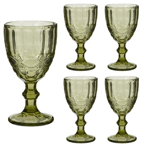 Wine Glasses Set of 4 Embossed Vintage Style Baroque Wine Goblet Glassware Set Dishwasher Safe Wine Glass Set Colourful Footed Chalice Tumblers (Green)
