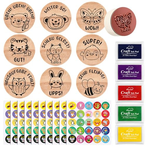 Nezyo Stempelset für Lehrer 9 Holz Lehrer Stempel 10 Blatt Tier Belohnungsaufkleber 5 Stempelkissen Motivationstempel Geschenk für Belohnung Lehrertag Schulkind Kindergarten Schule(Bunte Farben)