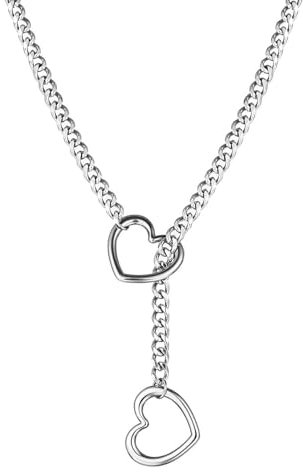 Tseonmis Herz-O-Ring-Schlupfkette für Damen, Loveshackles-Herz-Schlupfkette, Herz-Schlupfkette für Damen, verstellbare Lasso-Herzkette, Y-Halskette aus Edelstahl für Frauen (Silver)