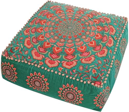 Türkis Pouf Ottomane Bezug mit Samtstickerei – weicher, bestickter Bodenkissen mit marokkanischem Design, 60cm Durchmesser, ideal für Wohnzimmer, Schlafzimmer oder Meditationsraum