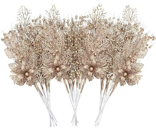 UXORSN 28 Pack Champagne Christmas Tree Decorations Christmas Picks and Sprays Artificial Glitter Berry Flowers Stem Branches Xmas Tree Ornaments Floral Twig for Gifts Vase Holiday Wedding Party Decor