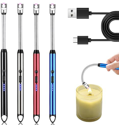 4er Set Stabfeuerzeug, Elektrisch Feuerzeug Lichtbogen USB Aufladbar Plasma Kerzenanzünder für Kerzen Anzünden, Grill, Camping, Kamin(Schwarz+Silber+Rot+Blau)