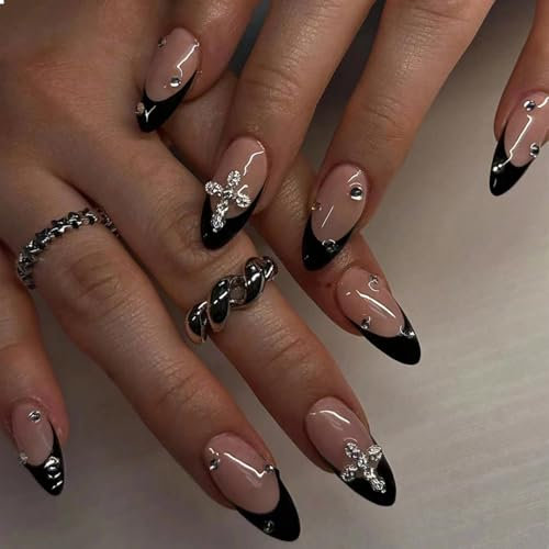 GlamRays Lot de 24 faux ongles Press On Nails en forme d'amande 3D en alliage noir avec design