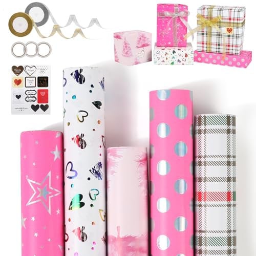 5 Rollen Geschenkpapier Set, 43 x 300 cm Rosa Geschenkpapier Weihnachten, Geschenkpapierrolle mit Schleifenband Gold, Geschenkpapier Weihnachten Set,Weihnachtspapier Set für Geschenkverpackung