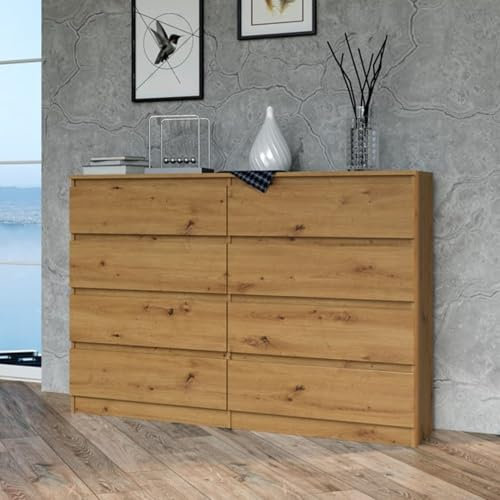 Home Collective Kommode, Schlafzimmer Flur, Schrank, Sideboard, Highboard mit 8 Schubladen, Breite 140 cm Höhe 97 | Artisan