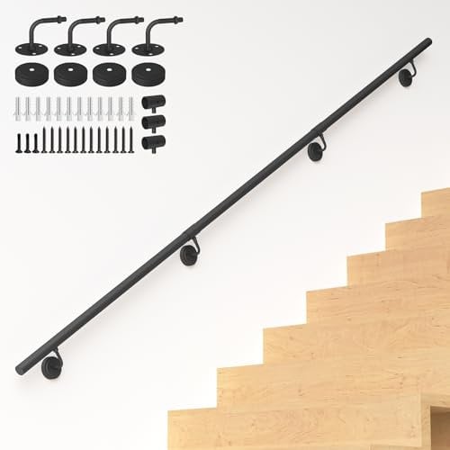 NArra 8FT Industrial Metal Stair Handrail,Round Pipe Stair Railing For Indoor/Outdoor Steps,Wall Mount Support Staircase Handrail,440LBS Load Capacity Hand Rails,Safety Grab Bar Porch Stairway Railing