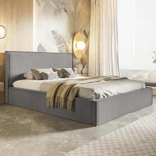 MOTIVENA Boho Bett 180x200 Grau Cord, mit Stauraum, mit Kopfteil, mit Lattenrost, ohne Füße, ohne Matratze, Polsterbett 180x200 mit Bettkasten Grau (Anthrazit)