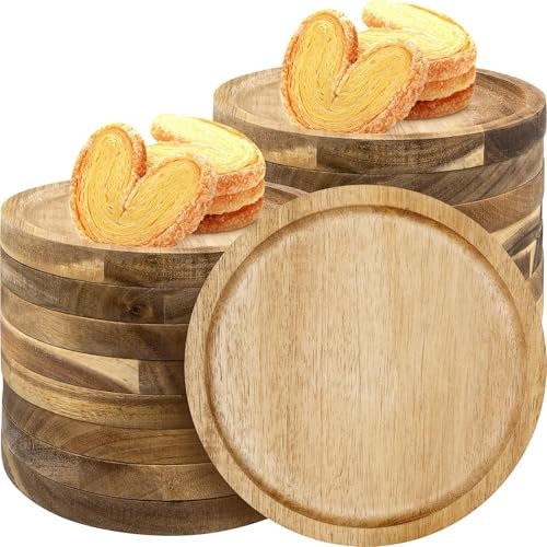 OJMHD Acacia Wood Dinner Plates Set of 16, Wooden Round Serving Dish Bulk, Lightweight Wooden Platter Tray for Dessert Snack Food Cake Bread Housewarming Gift