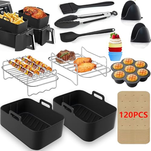 12 Pièces Accessoires pour friteuse Airfryer Moule Silicone pour Ninja Foodi AF300EU, AF400EU, 7.6L-9.5L Et autres friteuses à air Double Zone, Air Fryer Accessoires Moule Silicone Accessoire, Noir