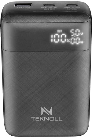 TEKNOLL Power Bank 10000mAh con Power Delivery, 2x USB-C Input/Output 20W PD, 1x USB-A Output 22.5W, Display LED Stato Batteria, Ricarica Rapida, Compatibile con Smartphone iOS e Android, Nero