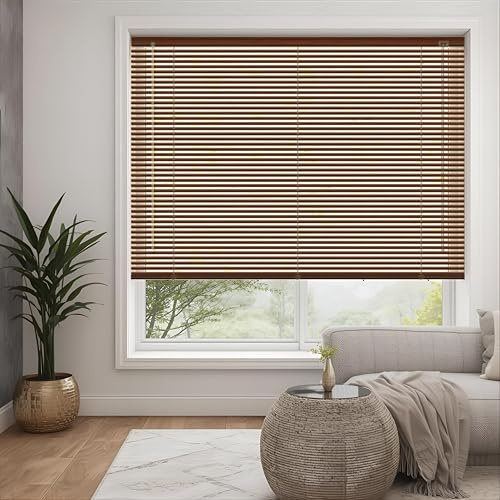 Walnut - Wood grain Effect PVC venetian Blind - Width 170cm x Drop 150cm - 25mm Horizontal Slats - Easy Fit Trimmable fitting with Tilt control Wand Mechanism