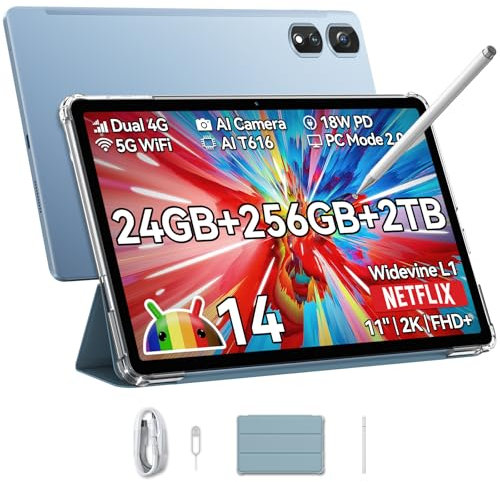 Blackview Android 14 Tablet Tab16Pro, 16GB RAM 256GB ROM/1TB TF Gaming Tablets 11 Pulgadas, 4G LTE 5G WiFi/8MP+13MP Cámara/Widevine L1/Face ID/7700mAh 18W/2024 Octa Core Tablet con Lápiz y Funda