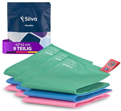 Silva Mikrofasertücher 42x42 cm extra groß 9er Set | Mikrofaser Handtuch für Glas, Spiegel, Küche, Bad & Auto – streifenfreie Microfaser Putztücher, langlebig & waschbar