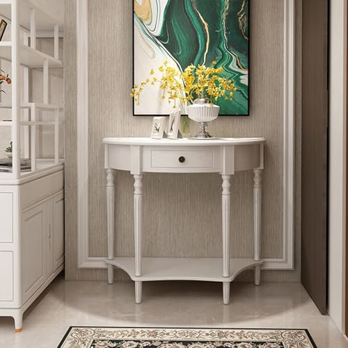 SEIFE Console Demi-Lune,Console en Bois Massif,Console avec tiroirs de Rangement,Table de canapé Demi-Ronde, décoration de Couloir et d'entrée(White,23.6x11.8x31.5in)
