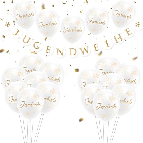 Jugendweihe Deko Set, Alles Gute zur Jugendweihe Banner und Girlande, 24 Luftballons Weiß Gold, Endlich Erwachsen Deko, Hängende Dekoration für Jungen, Mädchen, Party Feier