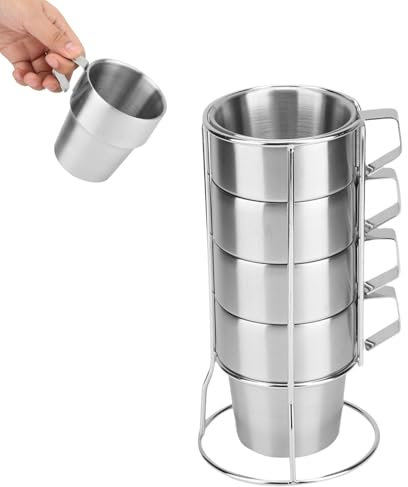 Kukyller 4 pezzi tazze di caffè impilabili con supporto, tazza di caffè in acciaio inossidabile Spazzo tazza di caffè espresso con maniglia per tè cacao latte latte