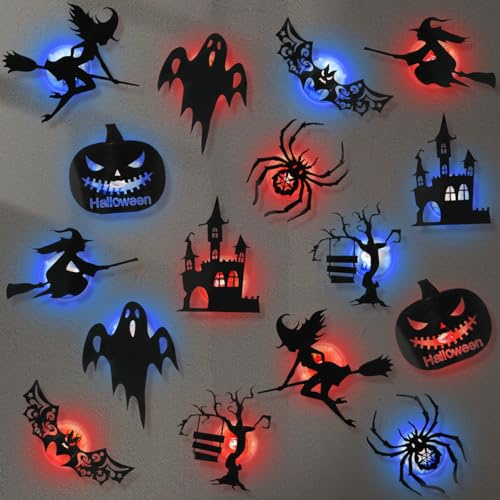 16 Stück Halloween Deko, Halloween Wandaufkleber, LED Spinne Kürbis Fledermaus Hexe Helloween Fensterdeko Wandaufkleber, 3D Leuchtende Dekoration für Außen Innen Fenster Wände Schlafzimmer Wohnzimmer