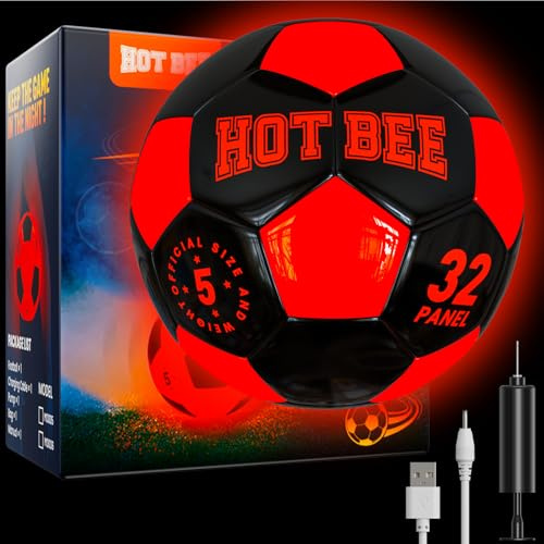 Hot Bee Fußball Geschenk Junge Leuchtender Fußball Größe 5 Fussball Kinder Spielzeug ab 8 9 10 11 12+ Outdoor Sport Spielzeug mit Tragetasche Lederfußball mit Pumpe Training Fussbälle Schwarz