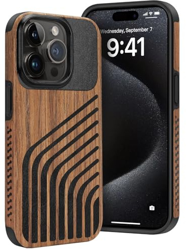 Dolstrap Robust Handyhülle Kompatibel mit iPhone 15 Pro Max Hülle, (Naturholz & Leder & Kohlefaser-Hybrid) Dünnes iPhone Hülle, Akkord