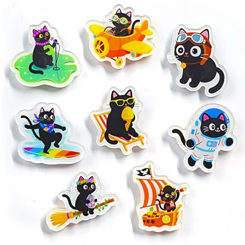Janlifian 8 PCS Cute Cat Fridge Magnets,1.55inch Medium Size,Black Color Kitten Pattern Funny Decorative Magnet Set for Refrigerator Decor
