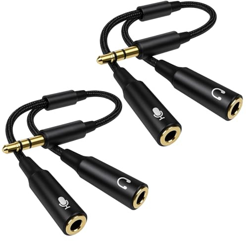 2PCS Adaptateur Micro Casque 3.5 mm, 35 cm, Câble Adaptateur en Y Mâle vers Double Femelle, Câble Splitter Jack 3.5 mm pour Casque et Micro, Double Prise Jack avec Câble Nylon Tressé pour PC