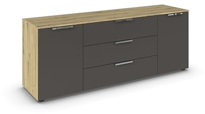 Rauch Möbel Flipp, Kommode, Farbe Graphit/Eiche Artisan, Breite 160 cm | Sideboard, 2-türig, 3 Schubladen, Soft-Close-Funktion, für Schlafzimmer, Gästezimmer, Wohnzimmer, Garderobe, Flur