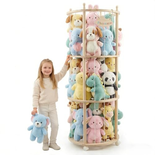 Neulriscn Wooden Stuffed Animal Storage, Solid Wood Zoo Soft Toy Storage Organizer with Wheels, Cuddly Toys Holder with Elastic Band, Stuffed Animals Cage for Nursery, Kids Room, Playroom, 137 * 51cm