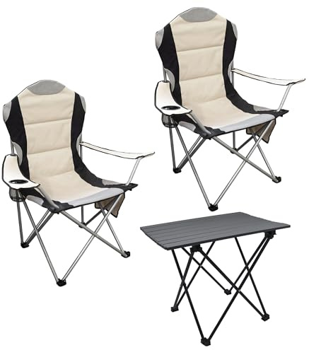 Spetebo Camping Sitzgruppe 3-teilig mit Aluminium Klapptisch und Tragetasche - beige - Garten Tischgruppe mit 2 Campingstühlen bis 150kg - Outdoor Angler Sitzgarnitur Tisch Stuhl faltbar