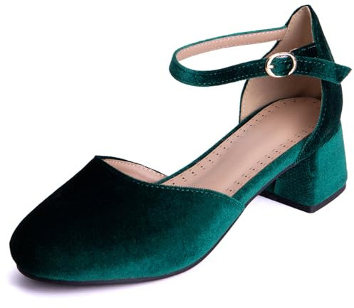 SJJH Velvet Court Shoes with Chunky Heel and Round Toe for Fashion Women Green