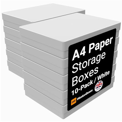WestonBoxes A4 Opaque and Impact Resistant Craft Storage Boxes with Lids for Art Supplies, Paper and Card - 3.6 litre volume ( Opaque White / Pack of 10 )