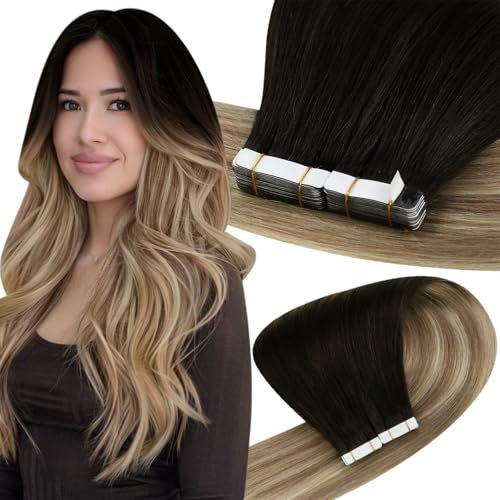 Easyouth Echthaar Tape in Extensions Balayage Tape in Haarverlängerung Remy Tape Extensions Echthaar Off Black zu Mittelbraun und Mittelblond 30 cm 30g #1B/8/22