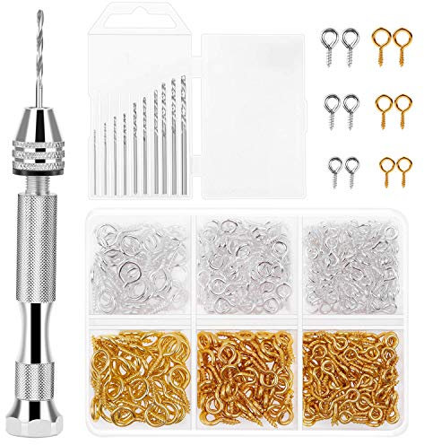 shynek PV-01 Pin Vise for Resin Casting Molds, Shynek Hand Drill for Jewelry Making Resin Tools Includes 1Pcs Push Hand Drill 10Pcs Drill Bits 480Pcs Eye Screws for DIY Keychain (Gold+Silver)