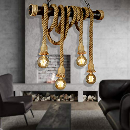 Hanf Seil Pendellampe Retro Industrielle Eisen Loft Hängelampe E27 Höhenverstellbare Beleuchtung Wohnzimmer Schlafzimmer Küche Pendelleuchte Esszimmer Esstischlampe Dekoration Kronleuchter,4 heads