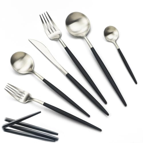 JASHII Besteckset 18/10, schwarzer Griff, silberfarben, 304 Edelstahl, Besteck-Set, 24-teilig, Adaline Royal, modernes Satin-Finish, bestes Geschenk für Geburtstag, Hochzeit (schwarzer Griff, Silber,