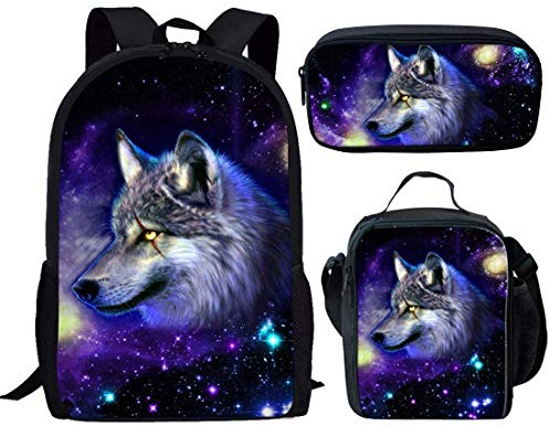 Biyejit Kinder Rucksack Kinder Schulranzen Set mit Lunchbox Federmäppchen 3-teilig für Jungen Mädchen Gr. Einheitsgröße, Galaxy Wolf