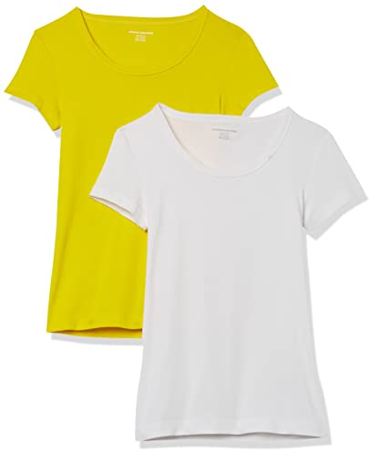 Amazon Essentials T-Shirt Aderente con Maniche Ad Aletta e Scollo Ampio Donna, Pacco da 2, Bianco/Giallo Limone, XXL