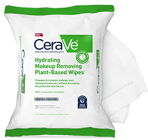 CeraVe Makeup Remover Wipes, Plant Based Face Wipes, Biodegradable in Compost, Waterless Face Wash, Travel Essentials for Women, Suitable for Sensitive Skin, Fragrance-free + Non-comedogenic, 25ct