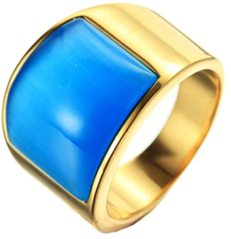 Ayoiow Ring Gothic Edelstahl, Siegelring Personalisiert Goldring mit Blau Katzenauge Stein Ring Größe 54 (17.2)