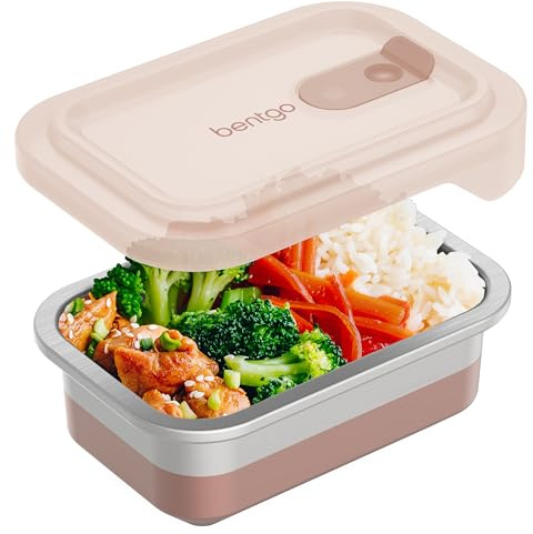 Bentgo MicroSteel Heat & Eat Container – Microwave-Safe, Leak-Proof & Airtight, Easy-to-Clean Lightweight Stainless Steel Reusable Food Storage with Silicone Lid (Snack Size; 2-Cup Capacity; Rose)