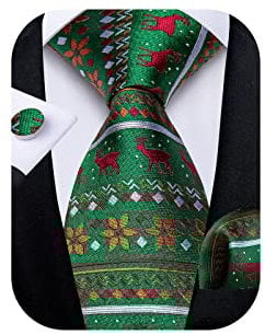 DiBanGu Herren Weihnachts-Krawatten-Set, festliches Muster, Krawatte, Einstecktuch, Manschettenknöpfe, Weihnachten, Party, Urlaub, Krawatten, mit Geschenkbox, Grün/roter Weihnachtsmelch, Einheitsgröße